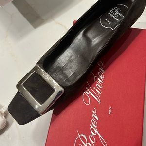 Roger Vivier dark brown suede shoes with classic Vivier silver buckle detail.